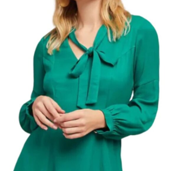 Anthropologie Spring Dress Womens 10 Green V-Neck Bow Tie Long Sleeve A-Line - Picture 5 of 5